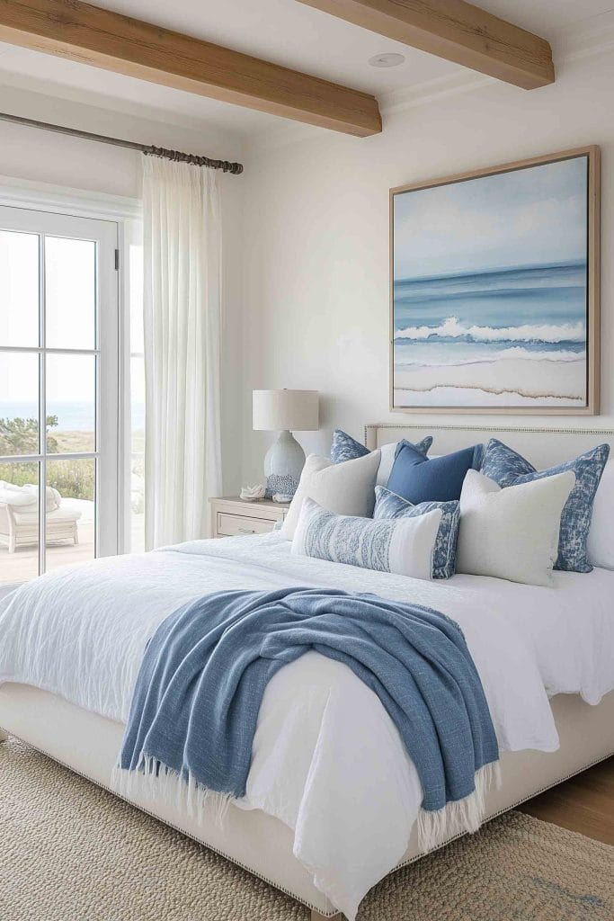 A serene bedroom featuring a soft white bed with blue and white patterned pillows, a light blue throw blanket, and an ocean-inspired painting above the headboard. The room is filled with natural light, and a sliding door leads to an outdoor patio with views of greenery and the ocean.