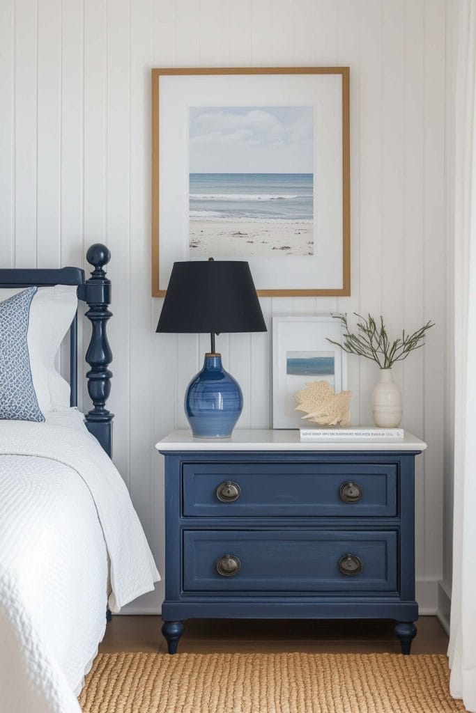 A charming bedroom corner with a navy blue nightstand featuring a seashell decoration and a vase. A large framed ocean print hangs above the nightstand, while a matching navy lamp and a light, airy bedding set complete the nautical feel.