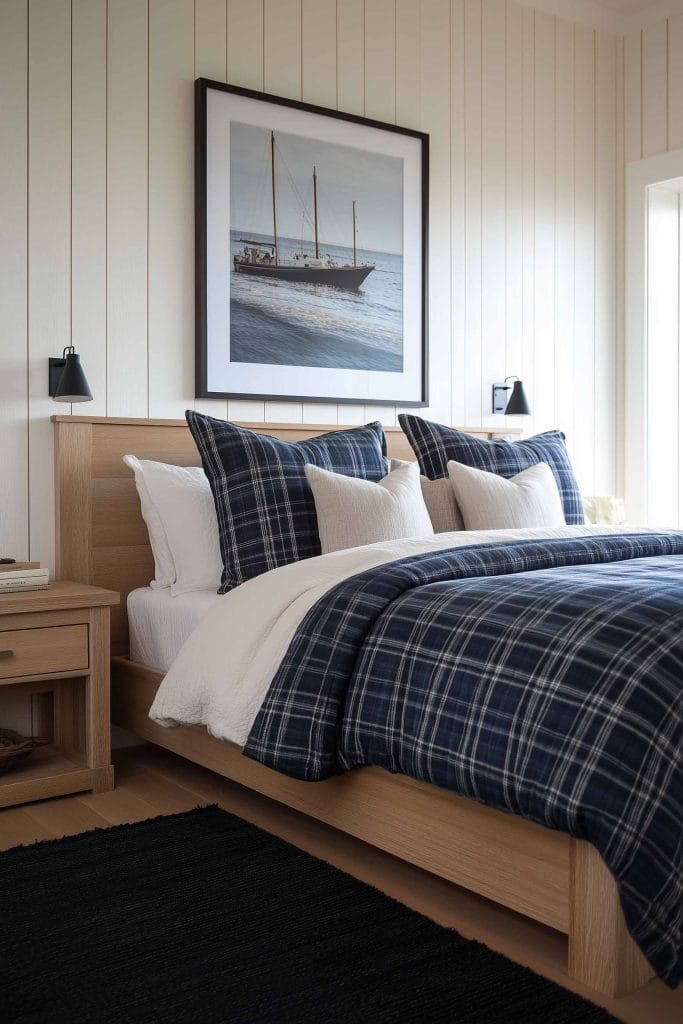 A stylish bedroom with a light wood bed frame, navy blue plaid bedding, and cream pillows. A large framed artwork of a sailboat on the sea is mounted above the bed, bringing a nautical touch to the space, enhanced by the wood-paneled walls.