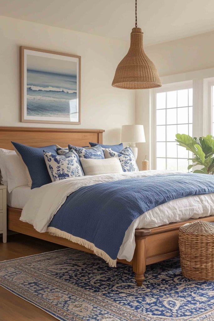 A warm and inviting bedroom with a wooden bed frame, layered white and blue bedding, and throw pillows with floral patterns. The woven pendant light and woven basket, along with the framed ocean print, create a cozy coastal vibe, complemented by a patterned blue and beige rug.