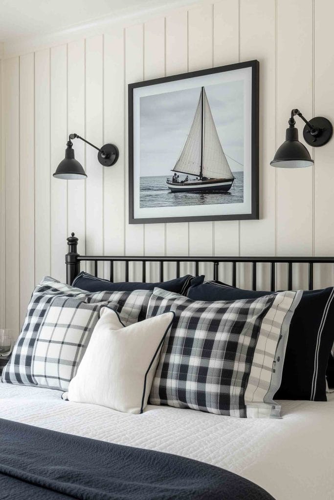 A cozy nautical-themed bedroom featuring a black metal bed frame and black-and-white checkered pillows. The bed is dressed in crisp white linens with navy accents. Above the bed hangs a framed photograph of a sailboat, flanked by black sconces, creating a modern, ocean-inspired space.