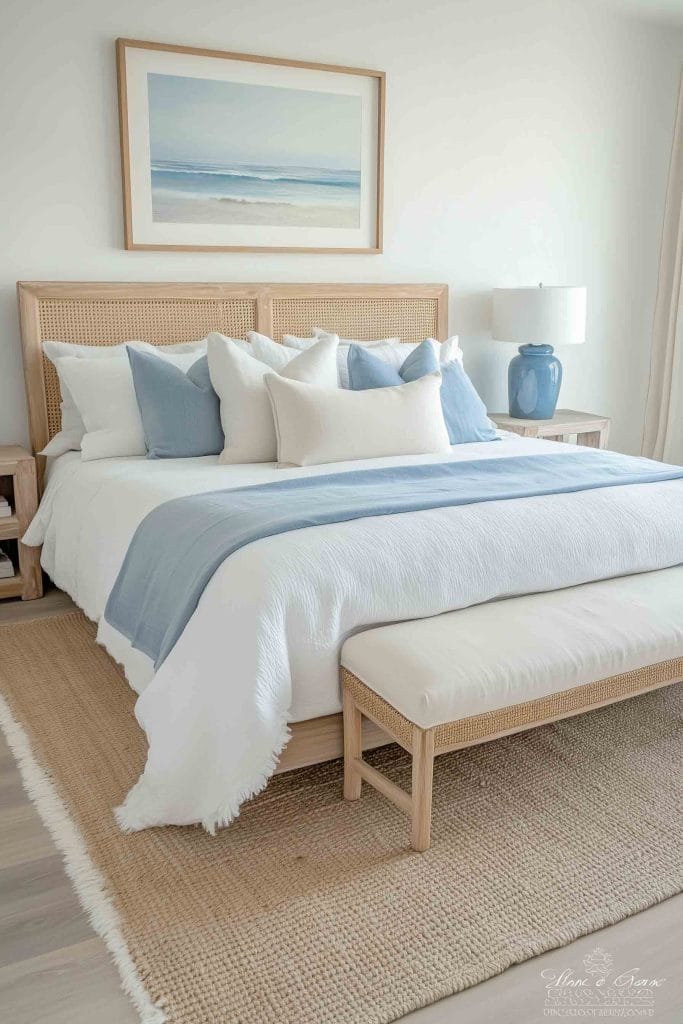 A calm, beach-inspired bedroom with a natural woven rattan headboard, neutral and soft blue throw pillows, and a matching light blue throw blanket. Above the bed hangs a serene framed print of ocean waves, and the room features a blue ceramic table lamp and a woven rug.