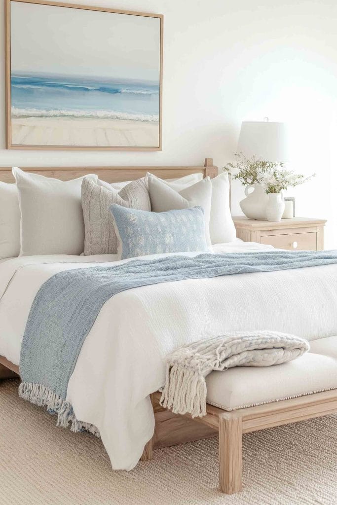 A light and airy bedroom featuring soft, neutral bedding and light blue accent pillows. The bed is draped with a light blue throw and a chunky knit blanket. A large, framed ocean landscape hangs above the bed, and a vase with white flowers sits on the wooden bedside table, enhancing the coastal theme.