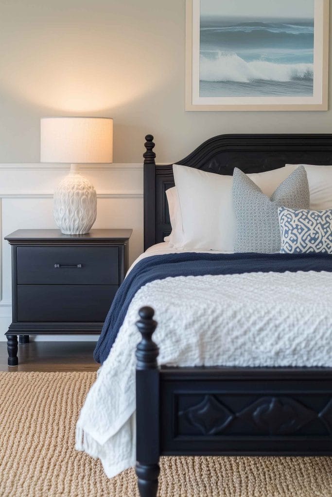 A coastal bedroom with a black four-poster bedframe, dark nightstands, and white bedding accented with blue and gray pillows. A large wave print in shades of blue hangs above the bed, and a white textured lamp illuminates the side table, creating a balanced contrast against the dark furniture.