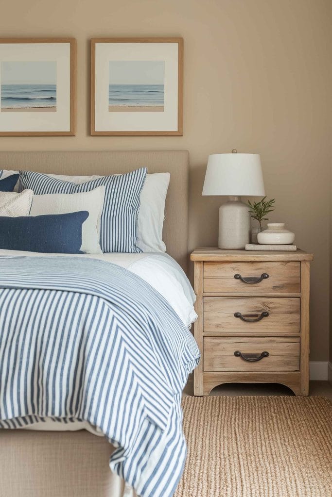 A warm, inviting bedroom with neutral tones and blue striped bedding. The wooden bedside table has a simple, coastal-inspired lamp and décor, with two framed beach prints above the bed that add a sense of calm to the space.