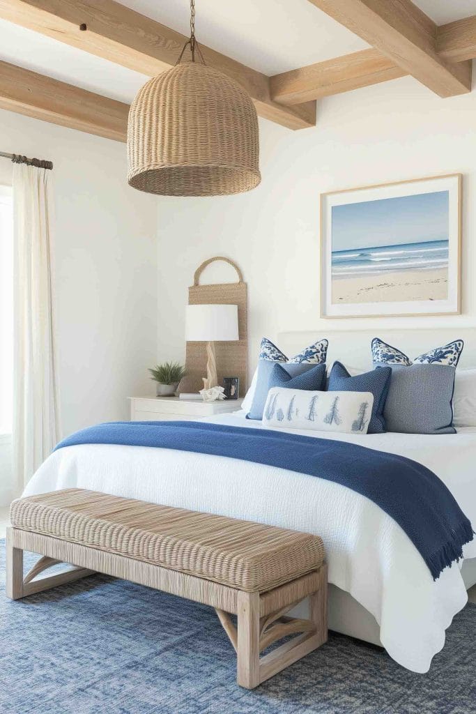 A spacious, coastal bedroom with natural wood elements, including a woven bench and pendant light. The bedding is primarily white with blue accents and patterned throw pillows, while a beach-themed framed print and light wooden beams contribute to the serene, seaside aesthetic.