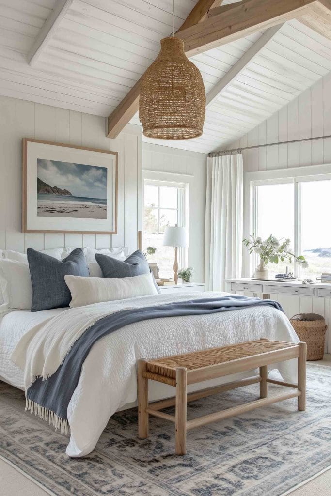 A serene bedroom with vaulted ceilings and white shiplap walls. The bed is dressed in white bedding with gray-blue accent pillows and a matching throw. A framed beach landscape hangs above the bed, while a woven bench sits at the foot. A large woven pendant light adds texture to the space, complementing the neutral and blue tones.