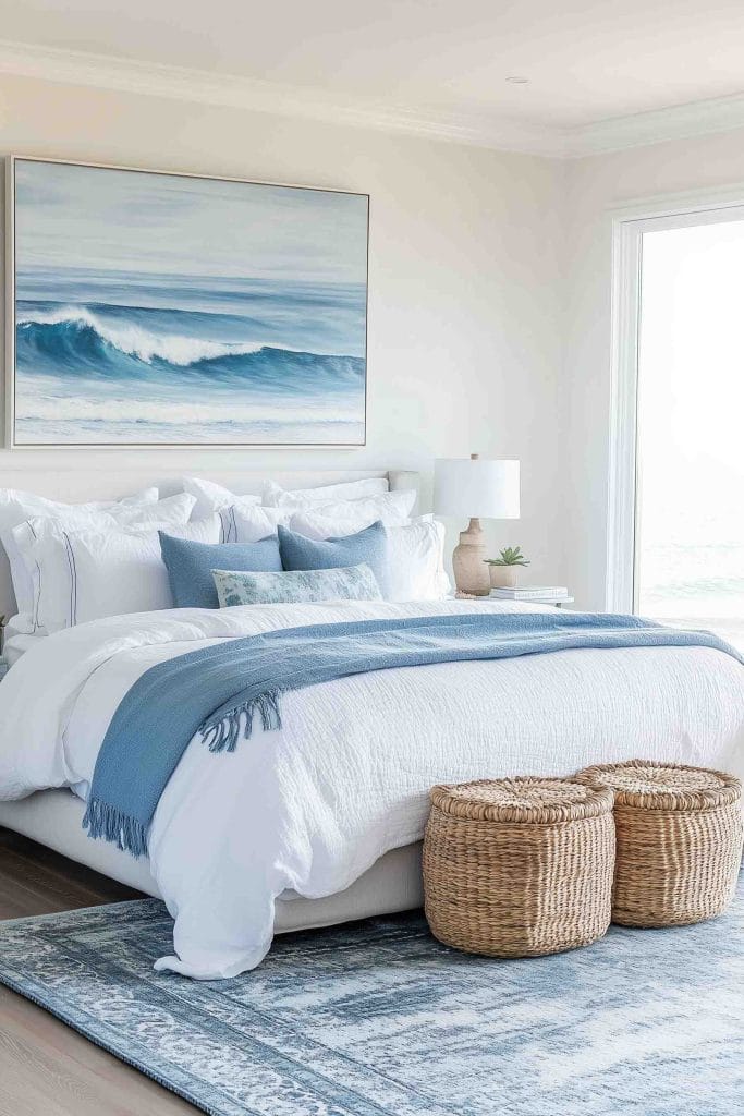 A bright bedroom with a large window facing the ocean. The bed features white bedding with soft blue accent pillows and a light blue throw. A large wave painting hangs above the bed, adding a fresh coastal feel. Two woven storage baskets sit at the foot of the bed, adding texture to the light, airy atmosphere.