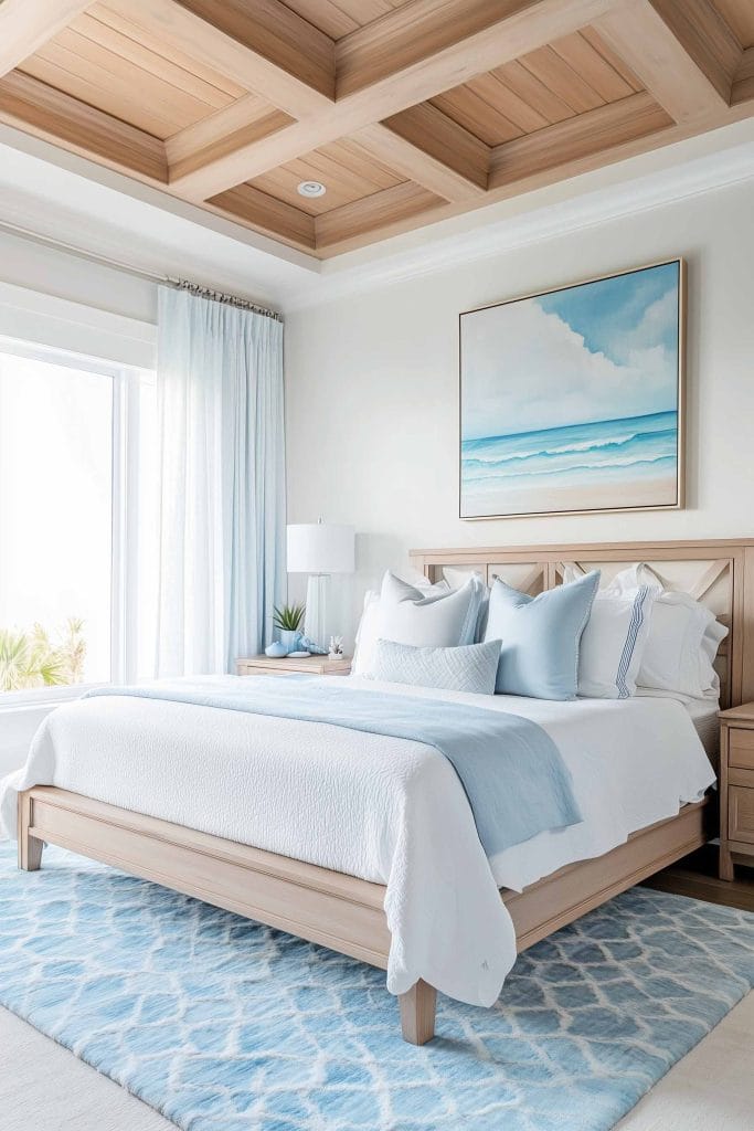 A chic coastal bedroom with a wooden headboard and light wood ceiling beams. The bed is dressed in crisp white linens with soft blue throw pillows and a light blue throw blanket. A framed ocean wave painting hangs above the bed, tying in the calming coastal theme.