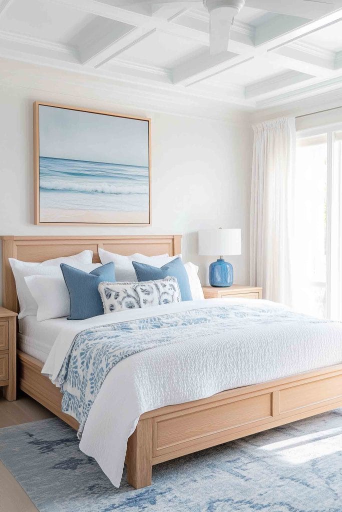 A cozy coastal bedroom with a wooden bed frame, white and blue bedding, and a mix of patterned throw pillows. The walls are adorned with a large framed ocean print, and a blue ceramic lamp on the bedside table adds a pop of color. Natural light fills the space, giving it a refreshing and serene ambiance.