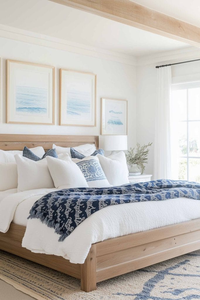 A bright and airy coastal bedroom with a wooden bed frame, adorned with white bedding and a navy blue patterned throw blanket. Above the bed, three framed ocean-inspired artworks enhance the seaside feel, while a window to the right lets in plenty of natural light, creating a calm and inviting retreat.