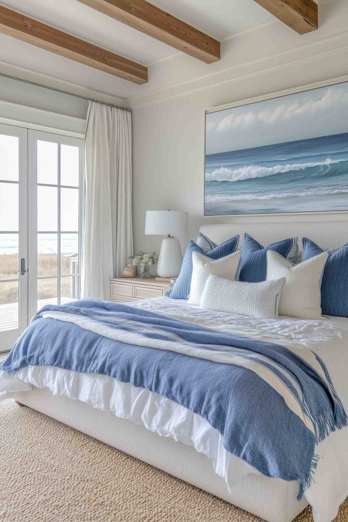 A bright, airy bedroom with a plush white bed dressed in layers of blue and white bedding. The room is complemented by natural wood beams across the ceiling and a large ocean wave painting above the bed. French doors open to an outdoor coastal view, enhancing the beachy feel.