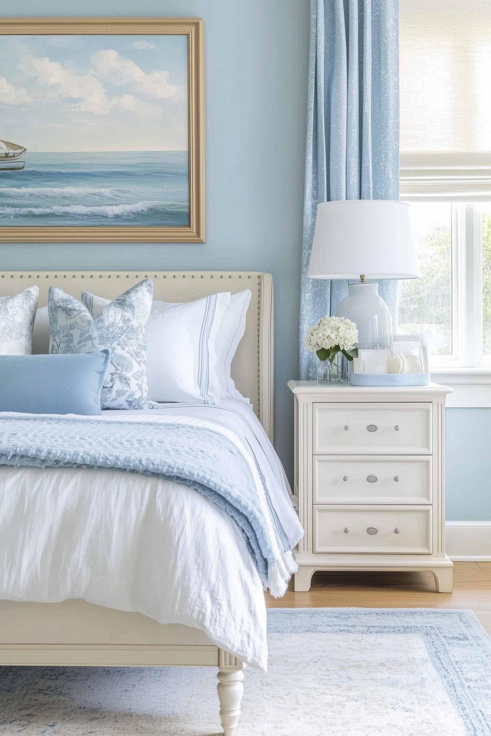 A soft and tranquil coastal bedroom with pastel blue walls and bedding. The bed is accented with light blue and white pillows, while a framed seascape featuring a boat at sea adds a serene nautical touch above the headboard. A white nightstand with a soft blue table lamp and fresh flowers enhances the calming atmosphere.