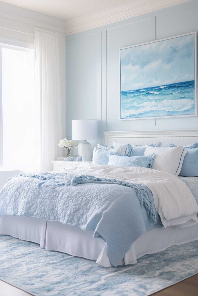 A bright and inviting bedroom with light blue walls, featuring an ocean painting above the headboard. The bed is dressed in layers of white and soft blue linens, adding a relaxing vibe. A bedside table with a white ceramic lamp and fresh flowers enhances the coastal theme.