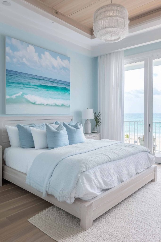 A minimalist, beach-inspired bedroom with light wood furnishings and pastel blue accents. The bed is dressed in soft white linens with light blue pillows and a throw. A large painting of a bright blue ocean waves hangs prominently above the bed, while glass doors open to a scenic ocean view.