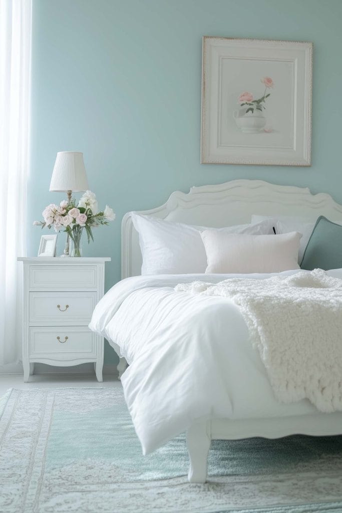 A dreamy, pastel bedroom with soft mint-green walls and vintage-style white furniture. The bed features elegant white bedding, and a floral painting above the bed enhances the soft, feminine atmosphere. A vase of fresh roses and a white bedside table lamp add delicate, romantic touches.