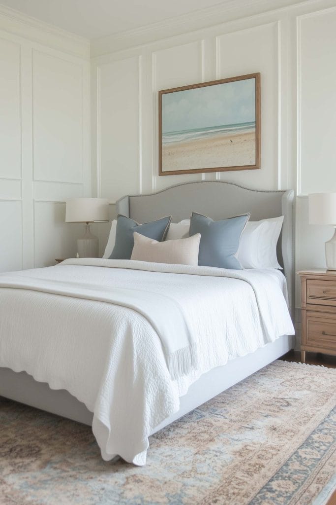 A neutral-toned coastal bedroom featuring a gray upholstered bed frame with white bedding accented by blue-gray pillows. Above the bed hangs a framed painting of a beach scene, and the room is softened by a light beige and blue patterned rug. Two wooden nightstands and minimalist lamps complete the serene, beachy vibe.