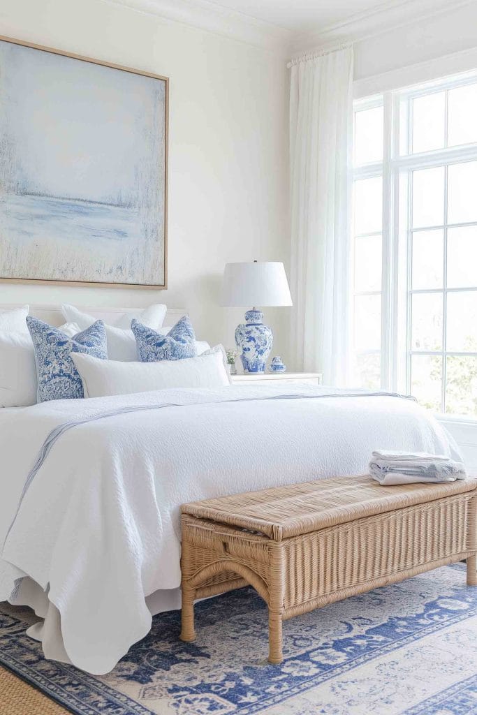 A serene bedroom with white bedding and blue patterned pillows. The bed is topped with a wicker bench, and a blue and white ceramic lamp sits on the bedside table. A large abstract coastal painting in soft blues and whites hangs above the bed, while natural light floods the room from a large window.