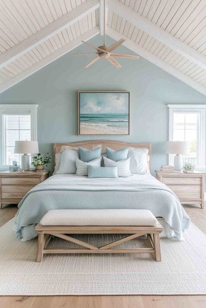 A spacious coastal bedroom with vaulted ceilings and light blue walls. The bed features soft blue and white linens, along with multiple throw pillows in various textures. A large framed painting of a beach scene hangs above the rattan headboard, creating a serene, beachy atmosphere.