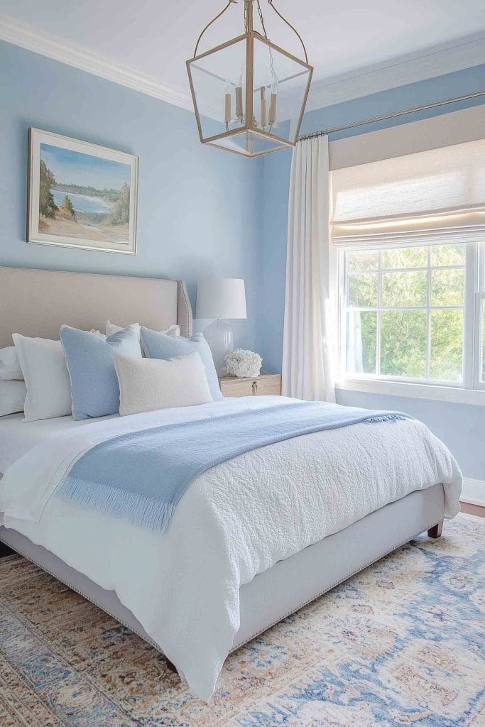 A calm, light-filled bedroom with soft blue walls and white bedding. The bed is adorned with pale blue throw pillows and a matching blanket, with a light wood nightstand and an airy pendant light adding a modern touch. A framed coastal landscape painting hangs above the headboard, tying in the soft, relaxing feel of the room.