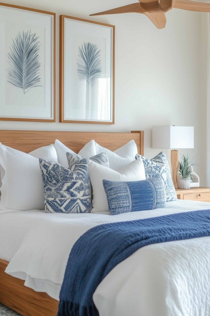  stylish bedroom with white bedding and navy blue accents, including patterned throw pillows and a dark blue throw at the foot of the bed. Two framed feather prints hang above the bed, and light wood furniture adds warmth to the space. A modern wooden ceiling fan and potted plant on the nightstand complete the clean, coastal look.