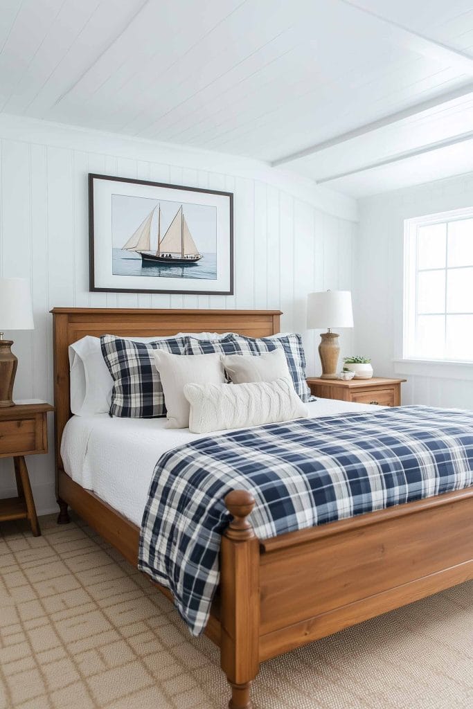 A traditional coastal bedroom with a wooden bed frame and navy blue plaid bedding. A framed sailboat photograph hangs above the bed, reinforcing the nautical theme. The nightstands and warm wooden tones add a cozy, rustic touch to the room.