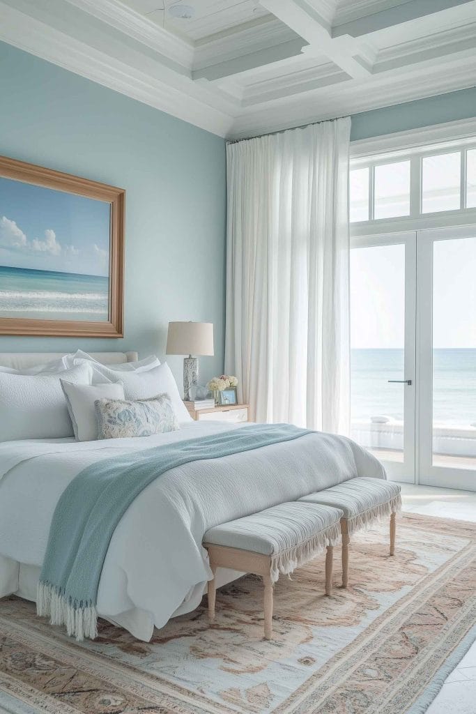 A bright and airy coastal-style bedroom with light blue walls and white bedding. A large framed ocean scene hangs above the bed, and soft natural light floods the room through large floor-to-ceiling windows, which open to a view of the sea.