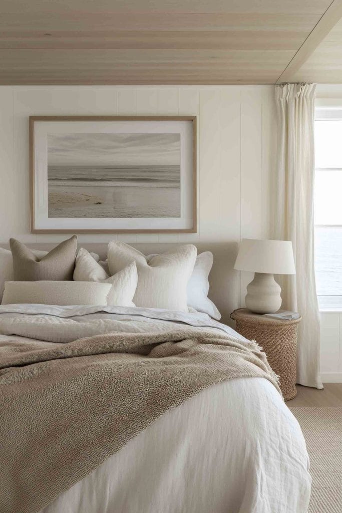 A cozy and minimalist coastal bedroom featuring neutral tones with beige and cream accents. The bed is adorned with layered pillows and soft throws, while a large framed photograph of a serene beach hangs on the wall above the bed.