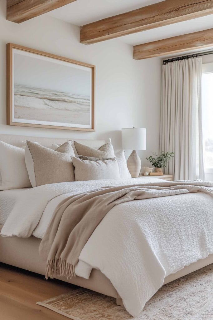 A serene coastal bedroom with a neutral color palette. The room includes wooden ceiling beams, a simple bed with white and beige bedding, and a large framed seascape artwork. Soft light enters through the window, enhancing the calming atmosphere.