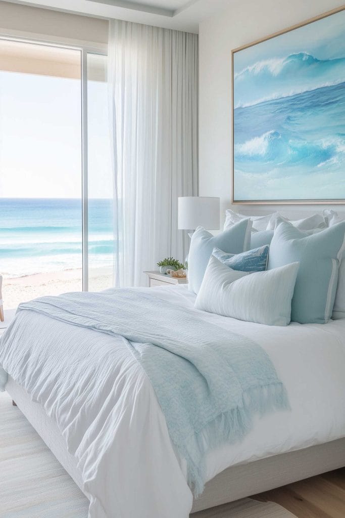 A breezy, coastal-themed bedroom with ocean views. The white bedding is complemented by soft blue accents, including pillows and a throw blanket. A vibrant seascape painting adds a splash of color to the space, and the window allows a clear view of the beach.