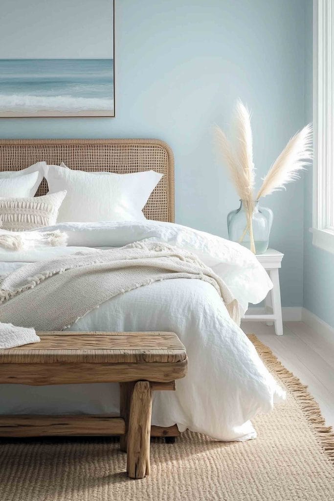 A coastal-inspired bedroom with light blue walls and a rustic woven headboard. The bed features crisp white bedding and a cozy cream throw blanket. A wooden bench sits at the foot of the bed, and a large beach landscape painting adds to the calming ambiance of the room.