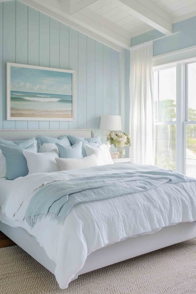 A tranquil coastal bedroom with light blue paneling and a high ceiling. The bed is dressed in soft blue and white linens, with a beach-themed painting above the bed. Natural light flows in through large windows, and a vase of flowers sits on the bedside table.