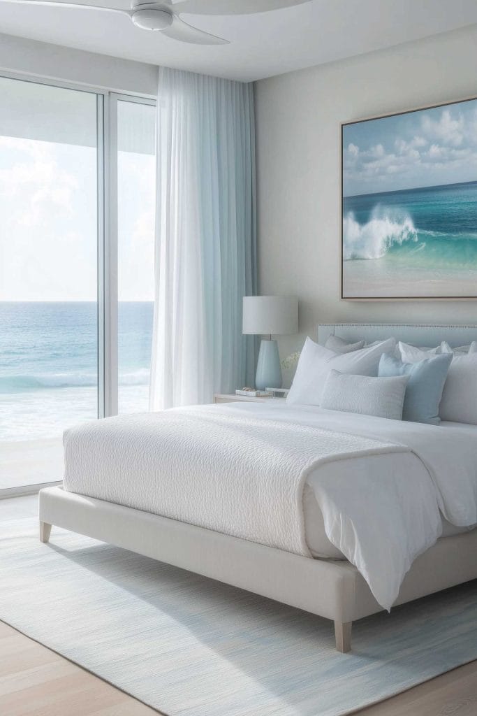 A modern coastal bedroom featuring a clean, white bed with light blue and white accent pillows. A large glass window offers a stunning ocean view, and the walls are adorned with a painting of crashing waves. The room exudes serenity with its minimalist decor and soft color palette.