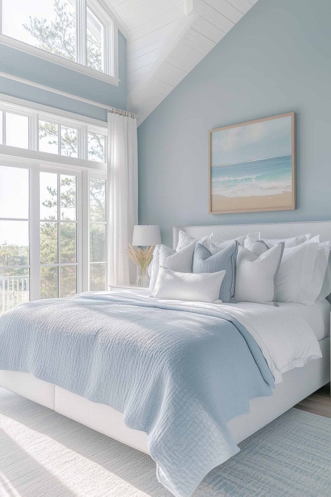 A cozy coastal bedroom with vaulted ceilings and large windows, allowing ample sunlight. The bed is decorated with white and pastel blue bedding, while a framed beach scene hangs above. The light blue walls and soft lighting create a calm and airy ambiance.