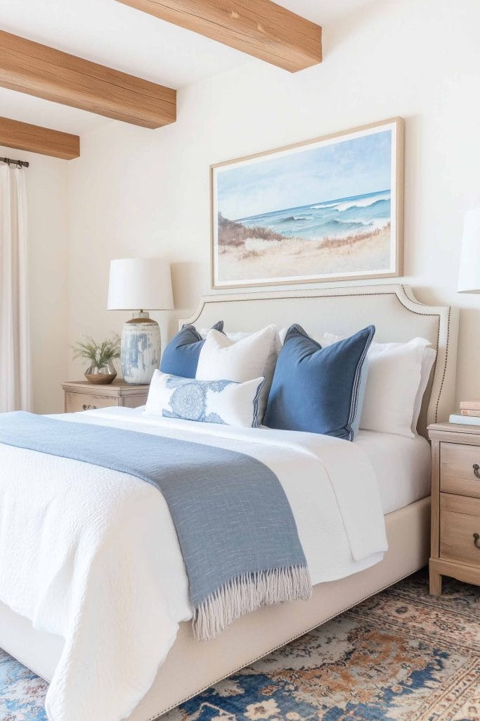 A sophisticated coastal bedroom with light, natural tones and wooden beams across the ceiling. The bed features blue and white pillows with a blue throw blanket. A large, framed beach landscape sits above the upholstered headboard, complementing the soft, airy feel of the room.