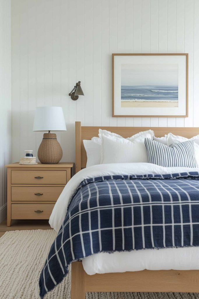 A simple coastal bedroom with a natural wooden bed frame and matching bedside tables. The bedding is white with a navy blue plaid throw blanket, and a framed seascape hangs on the white paneled walls. A woven lamp and neutral-toned decor enhance the room's coastal charm.