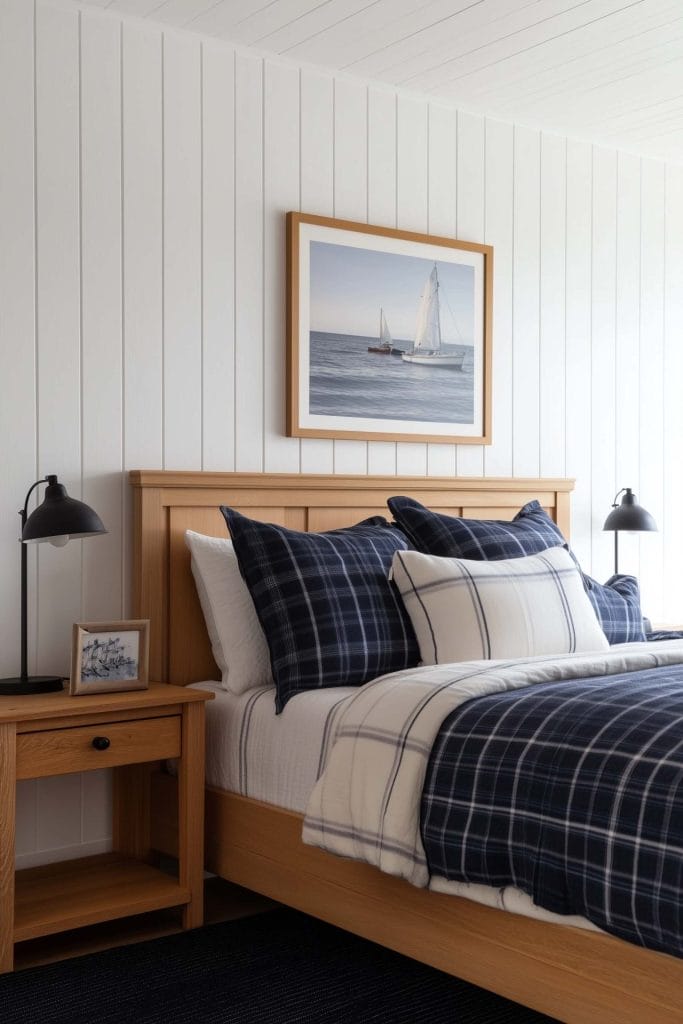 A clean and modern coastal bedroom with a light wood bed frame and navy plaid bedding. The room features two black sconces on either side of the bed, with a sailboat photograph framed above the headboard. The design emphasizes simplicity with a nautical flair.