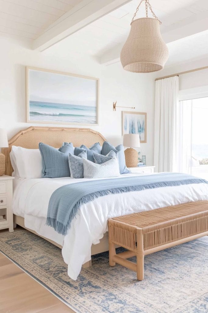 A light and airy coastal bedroom featuring a rattan headboard and a blue and white color palette. A large, woven pendant light hangs from the ceiling, complementing the natural textures of the room. The bed is styled with light blue throw blankets and pillows, while a serene ocean painting hangs above the bed.