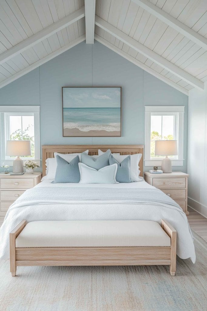 A spacious coastal bedroom with vaulted ceilings and light blue walls. The bed is styled with soft blue and white linens, with matching nightstands on either side. A large seascape painting is hung above the wooden headboard, contributing to the beachy atmosphere.