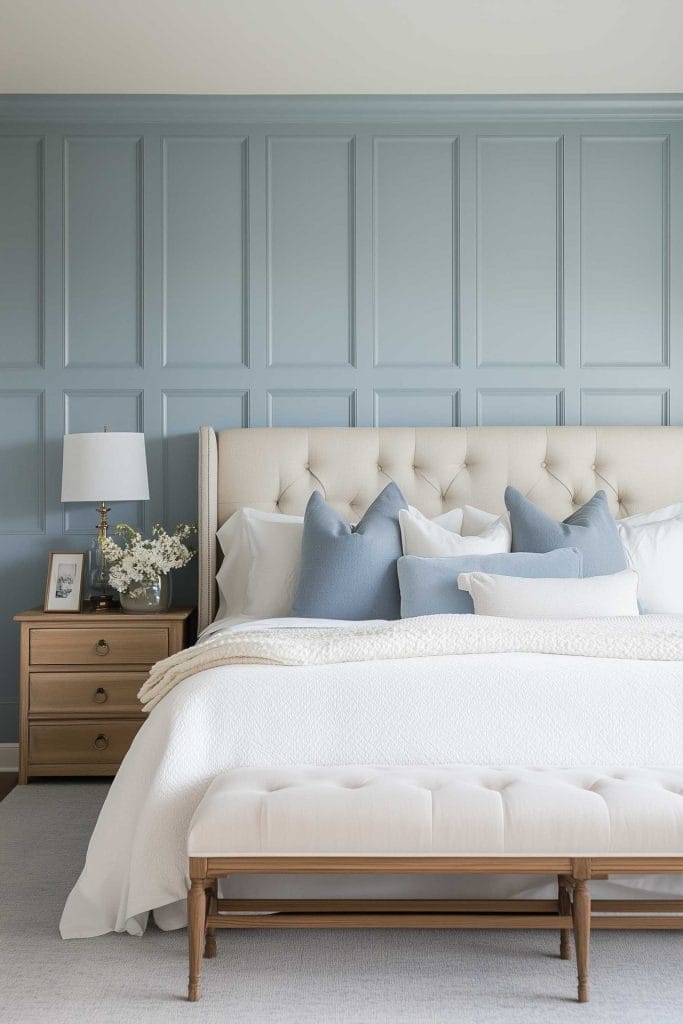 A sophisticated coastal bedroom with light blue paneled walls and an upholstered beige headboard. The bed features a combination of white and soft blue pillows, while a matching tufted bench sits at the foot. The room’s serene ambiance is highlighted by its neutral and blue tones.