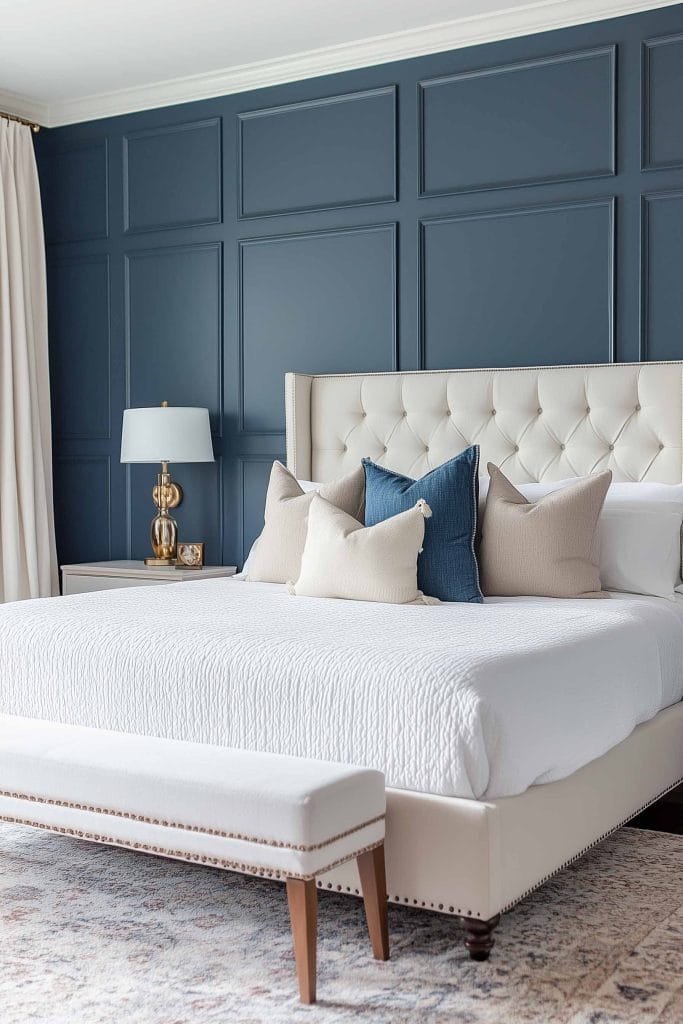 A luxurious coastal bedroom with a dark navy-blue paneled accent wall. The white upholstered bed is styled with neutral and blue accent pillows, while a long upholstered bench sits at the foot of the bed. The navy backdrop enhances the light, airy feel of the white bedding and light-colored decor.