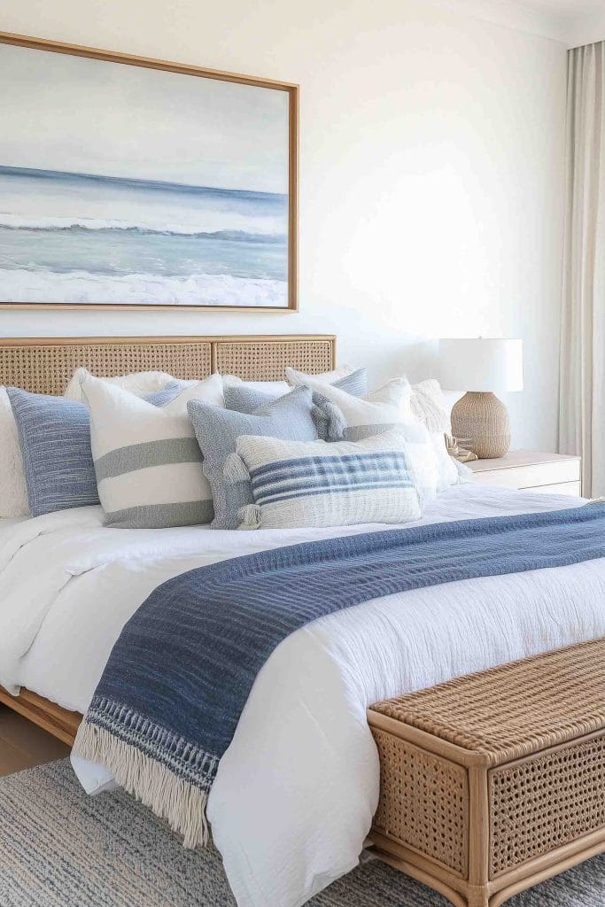 A bright coastal bedroom featuring a rattan bedframe and a blue and white color scheme. A large ocean painting hangs above the bed, while the bed itself is adorned with a mix of blue and white pillows and a blue throw blanket. A woven storage bench at the foot of the bed adds texture and warmth to the room