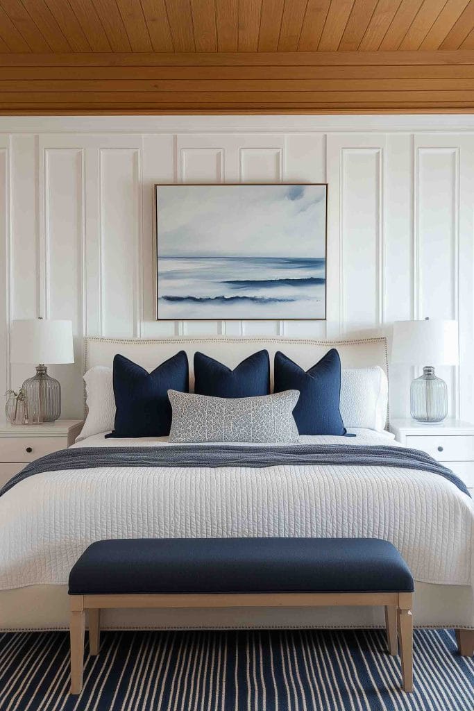  A sophisticated coastal bedroom with white paneled walls and a wooden ceiling. The bed features navy blue pillows and a matching bench at the foot, complementing the white bedding. A framed ocean painting hangs above the headboard, adding a calm, coastal touch to the space.