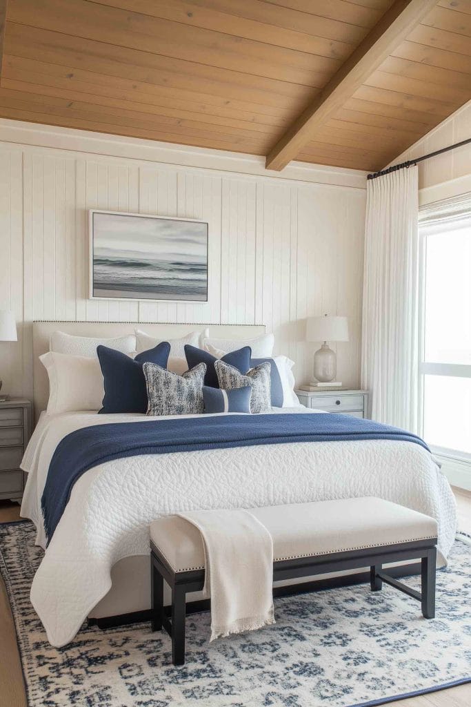 A serene coastal bedroom with light wood-paneled walls and ceiling. The white bed is adorned with navy blue and patterned pillows, with a navy throw draped over the foot. A seascape painting hangs on the wall, while large windows let in soft natural light.