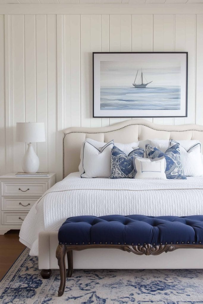 A classic coastal bedroom with white paneled walls and an upholstered headboard. The bed is decorated with a mix of white and blue patterned pillows, and a framed painting of a sailboat at sea hangs above. A deep navy tufted bench at the foot adds a luxurious touch to the space.