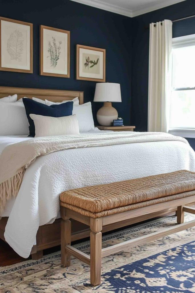 A cozy coastal bedroom featuring dark navy blue walls and white bedding. A natural wood bench sits at the foot of the bed, and framed botanical prints adorn the wall above the headboard. The soft, neutral tones complement the rich navy backdrop, creating a warm and inviting atmosphere.