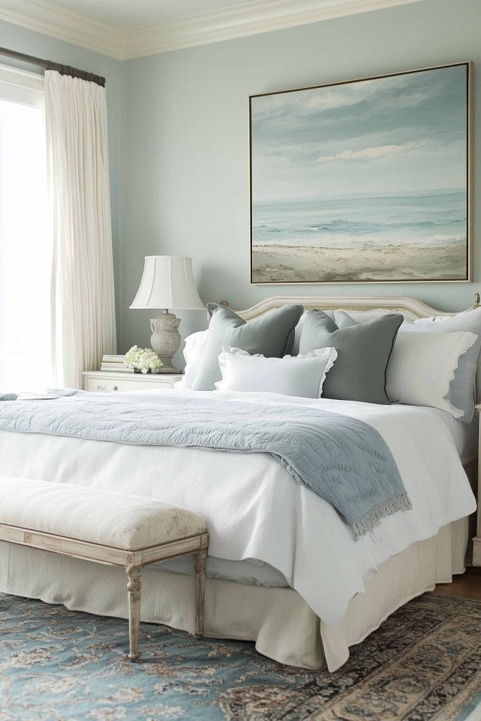 A serene coastal bedroom with soft blue walls and white bedding, accented with light blue pillows and a throw blanket. A large framed painting of a beach scene hangs above the bed, and an upholstered bench sits at the foot of the bed. The room exudes tranquility with its calming tones and soft textures.