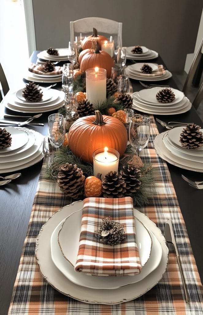 Rustic autumn table setting with pumpkins, pinecones, plaid runner, and candles.