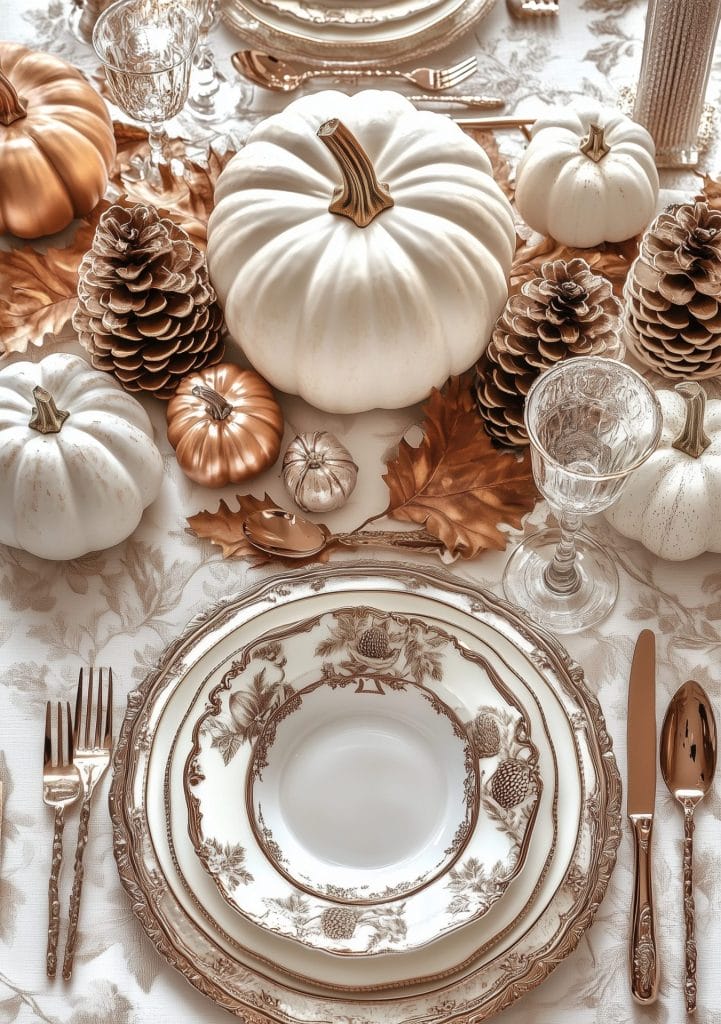 Elegant fall table setting with white pumpkins, metallic accents, pinecones, and vintage dinnerware.