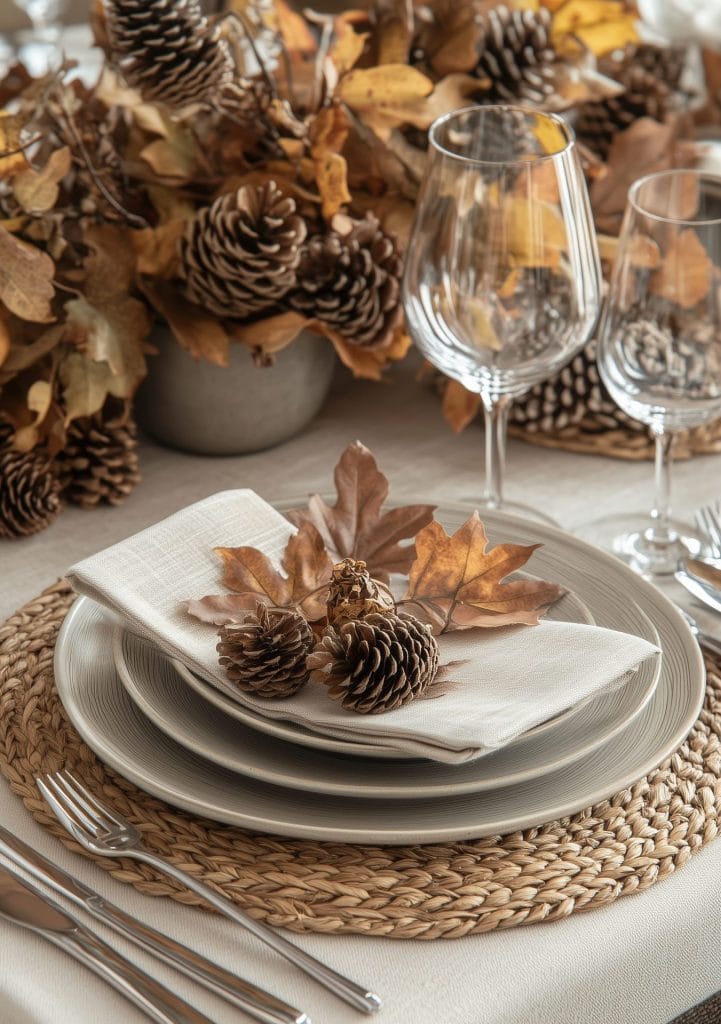 Rustic fall table setting with pinecones, autumn leaves, and woven placemats.